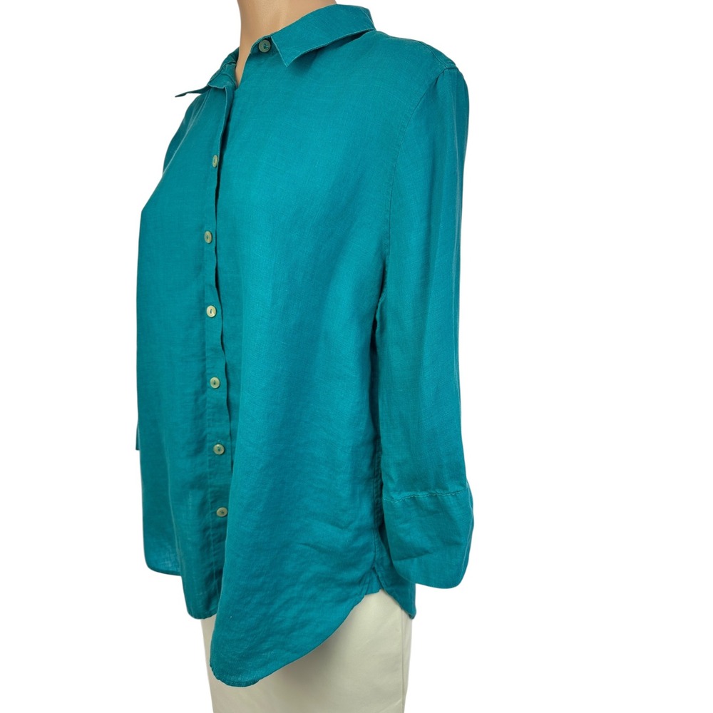 Chicos Blouse Size 2 or L Teal Blue 100% Linen Button-Up 3/4 Sleeve Shirt Top